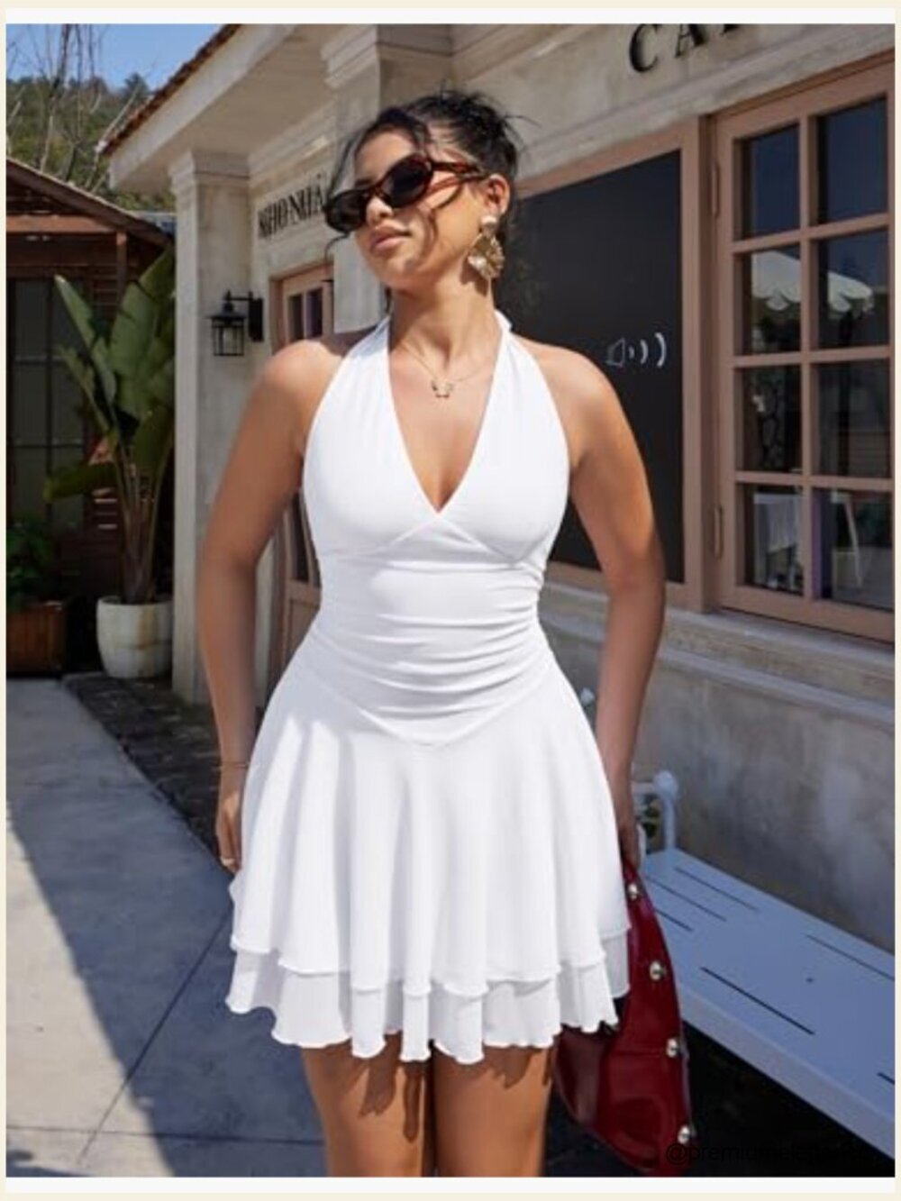Sleeveless Halter V Neck Ruched Waist Mesh Tiered Ruffle Hem Mini Dress - Picture 7 of 7